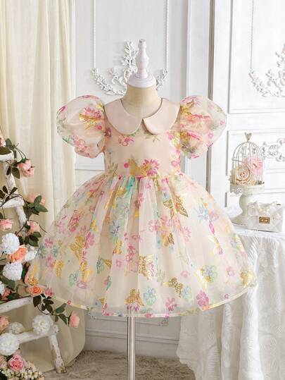 SHEIN Girls' Floral & Butterfly Metallic Print Waist Puff Tulle Dress, Elegant Party Dress With Puff Sleeves, Suitable For All Seasons
