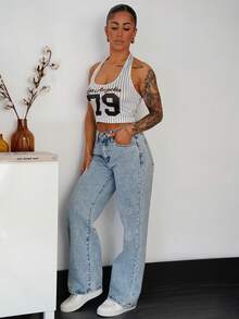 SAYEHFBABY 女式条纹字母图案街头风工字背心 - 黑與白 - 查看 4