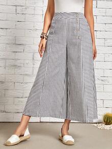 EMERY ROSE Striped Print Slant Pocket Wide Leg Trousers - Black and White - View 3