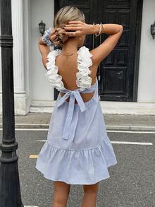 Pariaura 优雅荷叶边条纹吊带连衣裙，女士荷叶边露背系带时尚连衣裙，蓝白条纹女士办公通勤连衣裙，适合春秋季节，优雅连衣裙，商务休闲夏季 - 藍白色 - 查看 2