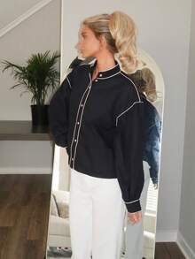 Sydney Algeri Áo sơ mi dài tay viền màu tương phản dành cho nữ, áo cánh cotton cổ đứng, mùa thu - màu đen - Xem 4