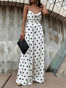 Firerie Eleganter romantischer Damen Jumpsuit mit Polka Punkten, ärmellos, tailliert, weite Beine, geeignet für Alltag, Urlaub, Strand, weißer Hintergrund, Lässig, Pendeln, anmutig, Lehrerin Outfit, Flughafen Outfit, Boho - Schwarz und Weiss - Übersicht 1