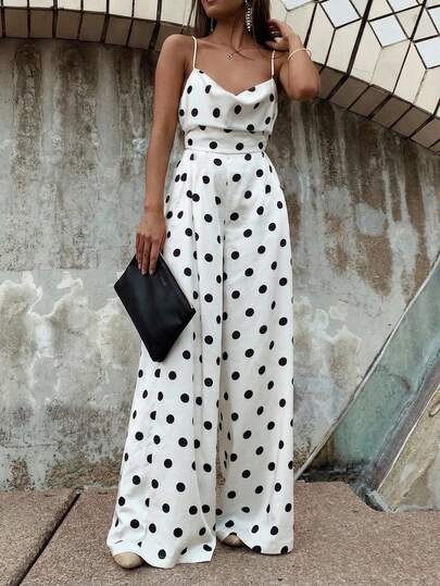 Firerie Women's Elegant Romantic Polka Dot Sleeveless Jumpsuit With Cinched Waist, Loose Leg, Suitable For Daily, Vacation, Beach, White Background, Casual, Commute, Graceful, Teacher Outfit, Airport Outfit, Boho