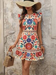 SHEIN Clasi 女士圆领喇叭袖荷叶边松紧腰A字热带花卉印花优雅休闲度假迷你连衣裙，春夏款 - 彩色 - 查看 5