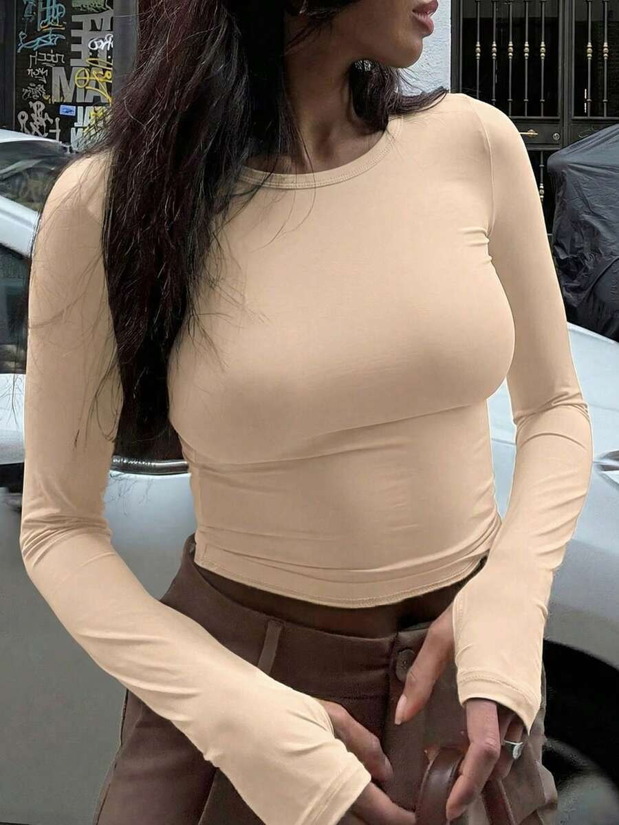 INAWLY Women's Solid Color Round Neck Long Sleeve Casual T-Shirt For Spring And Summer Fall Cloth For Women - Apricot - View 1