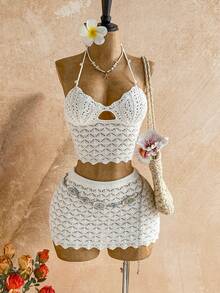 Soleia Women's Sexy Backless Pointelle Knit Halter Top And Mini Skirt Sweater Set For Beach Vacation, Does Not Include Waist Chain - White - View 4