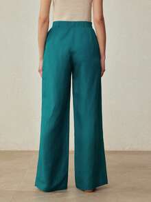 MOTF PREMIUM LINEN MINIMALIST ASYMMETRIC WAIST STRAIGHT WIDE-LEG PANTS, SPRING/SUMMER - Teal Blue - View 3