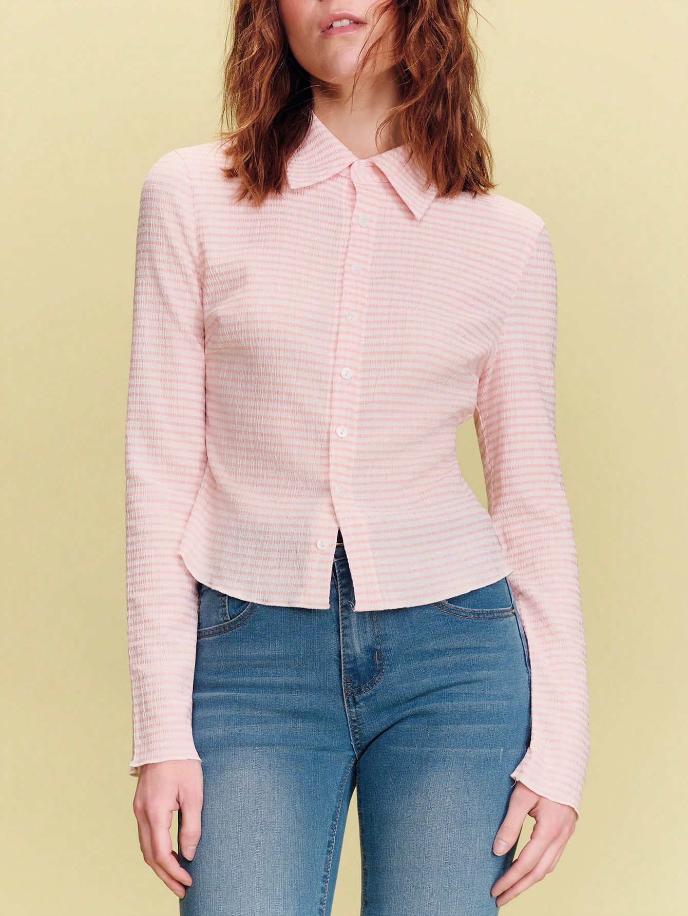 Pink Gingham Check Textured Button Front Fitted Blouse Spring Summer Business Casual Going Out Parisian Style French Style Vacation