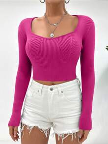 EURMUSE Women's Solid Color Scoop Neck Long Sleeve Fitted Ribbed Cropped Sweater - Hot Pink - View 3