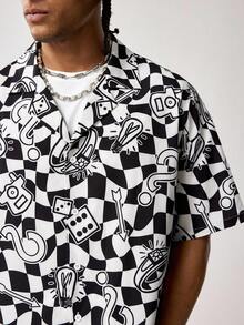 MONOPOLY X SHEIN Men's Checkerboard Short Sleeve Single-Breasted Casual Shirt, MONOPOLY - Black and White - View 8