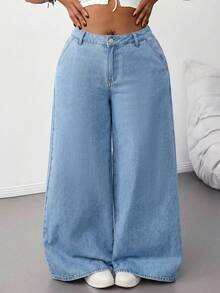 SHEIN Tall CURVE 大码浅蓝色弹力腰休闲直筒宽松牛仔裤 - 淺色水洗藍 - 查看 6