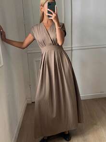 Livesso Đầm ngắn tay cổ chữ V, dáng lửng, thích hợp mặc đi làm mùa hè cho nữ. - Cà phê nâu - Xem 3