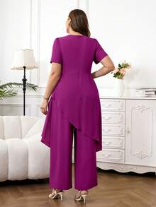 Ellevyn Bộ đồ 2 mảnh dành cho nữ cỡ lớn, áo tay ngắn và quần màu tím thanh lịch với họa tiết hoa bất đối xứng, thích hợp mặc hàng ngày. - Màu đỏ tím - Xem 3