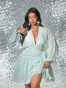 Viva Relle Plus Size Women's Deep V-Neck Semi-Sheer Lantern Sleeve Tie-Waist Dress, Spring/Summer - Mint Green - View 2