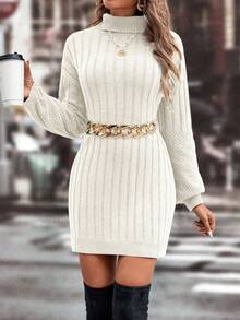 Chiquease 高領純色落肩毛衣連衣裙 - 白色 - 查看 4