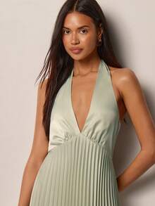 COSMINA Women's Mid-Length Dress, V-Neck Women's Dress, Pleated, Flared Hem Dress, Women's Wedding Guest Dress, Wedding Dress, Green Women's Formal Dress, Elegant Women's Dress, Summer Women's Dress, Date Dress, Party Dress, Event Dress - Pastel Green - View 4