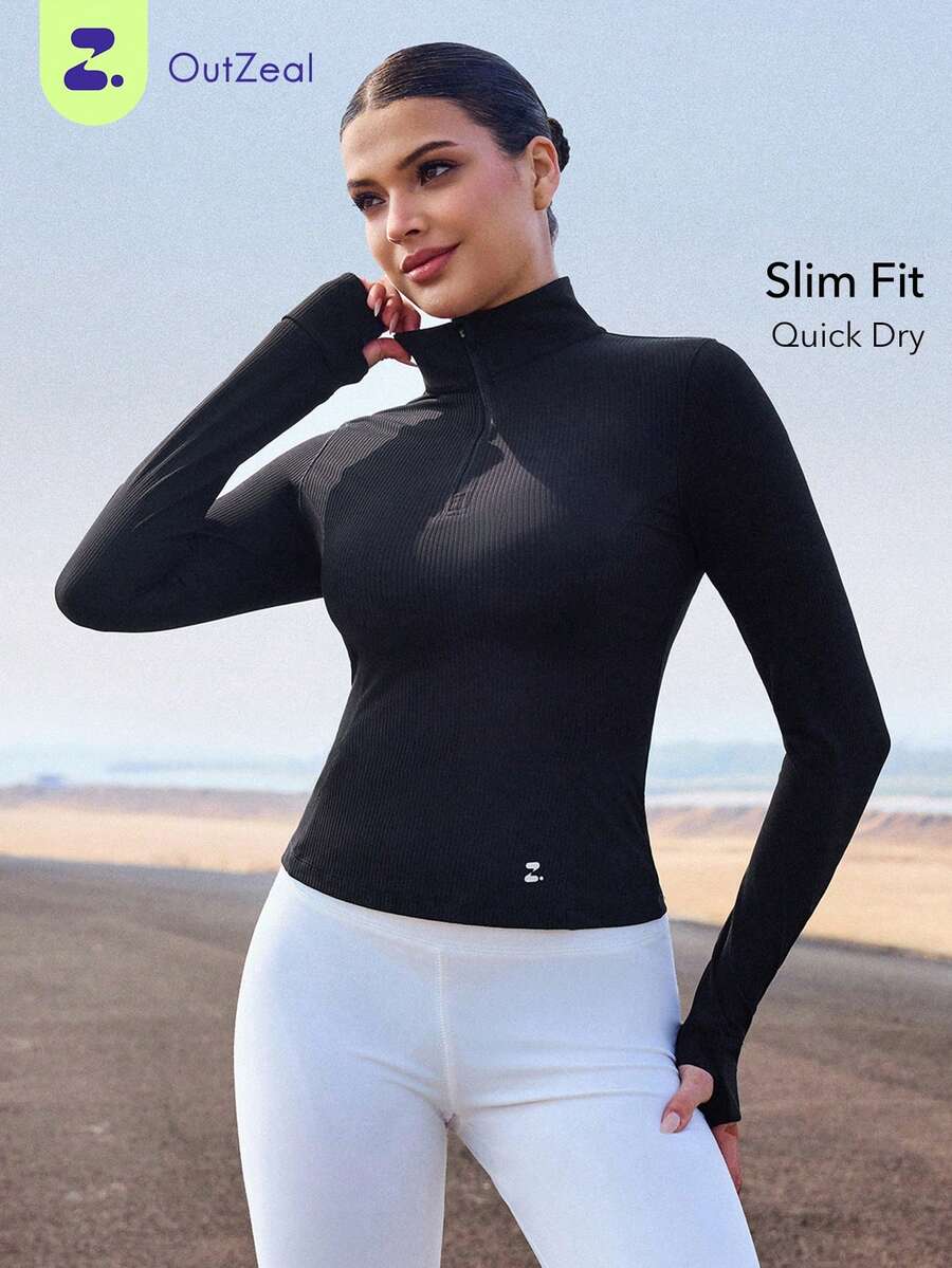 OutZeal Women Outdoor Black Tees Running Gym Wear Quick Dry Stretch Slim Long Sleeve Front Half Zip Active Tops - Black - View 1