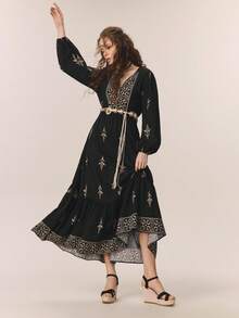 Styleloop 女士厚底坡跟凉鞋，黑色夏季露趾草编鞋，波西米亚风度假鞋罗马沙滩凉鞋，适合度假季、春夏季穿着 - 黑色布面 - 查看 7