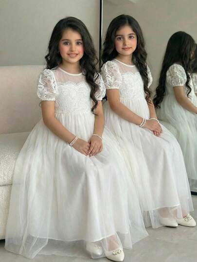 SHEIN Tween Girl Elegant Round Neck Petal Sleeve Lace Contrast Mesh Dress