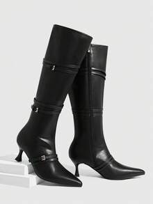 CUCCOO SZL Women's Pointed Toe Buckle Design Fashionable Elegant High Heel Knee-High Boots - Black - View 2