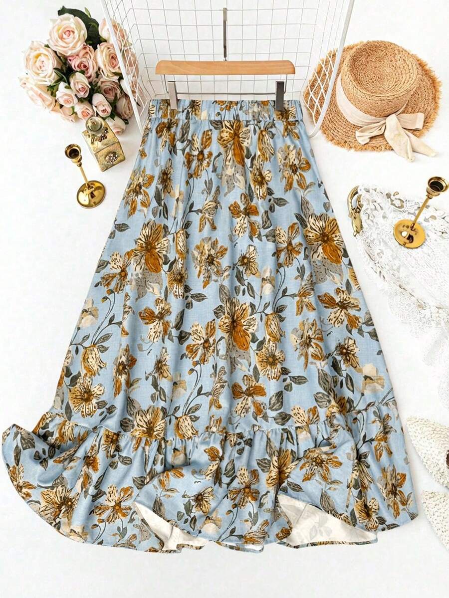 SHEIN LUNE 女士碎花弹力腰休闲半身裙 - 藍色 - 查看 1