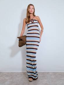 Nöista 条纹针织露背长裙，修身剪裁，面料透气。是夏季穿搭、春季造型、复活节装扮、海滩度假和休闲度假的理想之选。 - 棕色 - 查看 3
