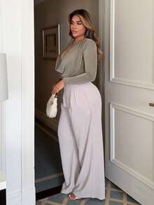 Maria Perezxox 橄榄绿色低胸优雅垫肩褶饰长袖紧身衣，适合约会、郊游、婚礼和派对 - 軍綠色 - 查看 3