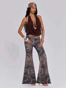 ROMWE Quần jeans ống loe dáng ôm dành cho nữ, phong cách retro Y2K Millennium Baddie, họa tiết hoa cổ điển bạc màu. - màu nâu - Xem 4