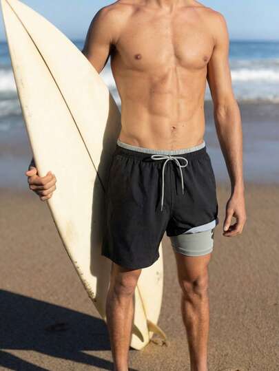 Manfinity Swimmode Men's Summer Vacation Striped Patchwork Drawstring Waist Beach Shorts