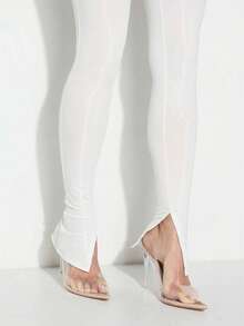 Mesh Detail Button Hem High Waisted Seamless Fitted Stretchy Leggings For Women Fashion Casual Everyday Wear - White - View 4