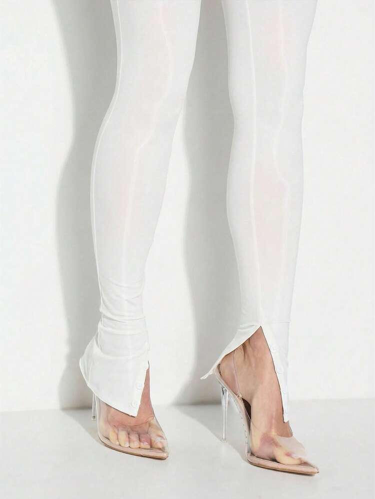 KIZN Mesh Detail Button Hem High Waisted Leggings