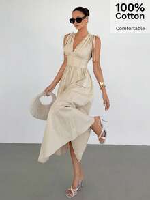 Siren Gaze 女士优雅休闲米色舒适无袖深V领系带露肩褶皱腰部喇叭下摆长连衣裙，夏季海滩度假假日派对婚礼宾客毕业典礼女神装，中长款米色连衣裙，优雅沙滩晚宴连衣裙，优雅夏季连衣裙，女士夏季连衣裙，女士连衣裙，女装连衣裙，高雅夏季连衣裙，优质连衣裙，畅销连衣裙，度假连衣裙，度假装，女士度假装，女士度假连衣裙 - 杏色 - 查看 5