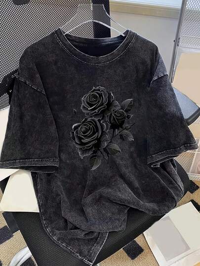 Manfinity Joysei Unisex Vintage Black Rose Print Washed Cotton T-Shirt