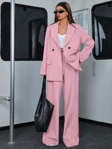 EURMUSE Loose Fit Casual Young Women's Suit Set - Baby Pink - View 3