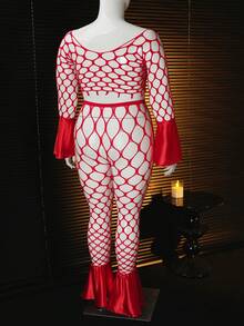 Plus Size Women's Sexy Hollow Out Mesh Sheer Off-Shoulder Top With Mesh Splice Two Pieces Set - Red - View 6