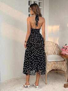 Lucivie 女士优雅性感米白色露背吊带系带深V领露背收腰优雅度假丝滑波点雪纺连衣裙 - 黑色 - 查看 2