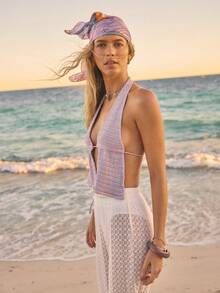 Aralina 春季提花蕾丝柔软针织面料，露背吊带设计，无缝拼接，度假风女装，波西米亚风，开襟设计，优雅派对必备，短款修身，夏季女装，节日上衣 - 淺粉色 - 查看 2