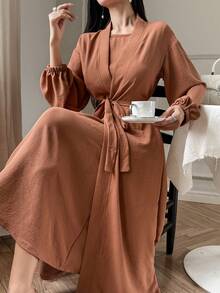 DAZY Damen eleganter einfarbiger ärmelloser Bademantel mit Gürtel, 2-teiliges Set, Frühlings-/Sommer-Loungewear für Frauen - Braun - Übersicht 7