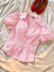 CovetEZ Women's Summer Casual Holiday Pink & White Plaid Short Petal Sleeve Single-Breasted Lapel Waist Casual Shirt - Pink - View 8