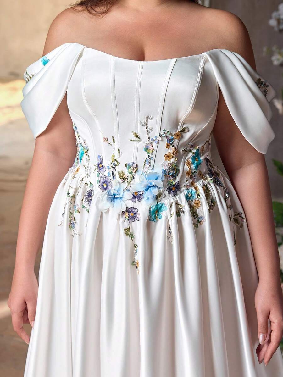 Aureia Plus Size Elegant White Spring Wedding Dress U-Neck Off-Shoulder Hanging Sleeve Fishbone Decor Luxury Sequins Splice High Slit A-Line Bridal