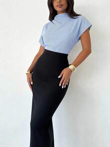 Firerie Blusa de bambú y lino de color albaricoque con cuello arrugado, mangas asimétricas, fruncido lateral y cintura ceñida, para uso diario, para todas las estaciones - Azul y blanco - Ver 8