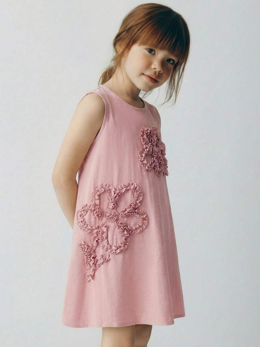 Maija Kids 1pc Young Girls' Casual Elegant Embroidered Loose Fit Sleeveless Dress, Suitable For Daily Wear, Back To School, Outings, Gatherings, Festivals, Parties, Spring & Summer - Pink - View 1