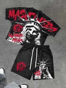 PAVTROS 男士字母印花圆领短袖T恤和抽绳腰短裤休闲套装；男士图案印花T恤和短裤套装；男士休闲短袖短裤套装；男士两件套拼接套装；嘻哈短裤套装；男士两件套短裤套装 - 彩色 - 查看 1