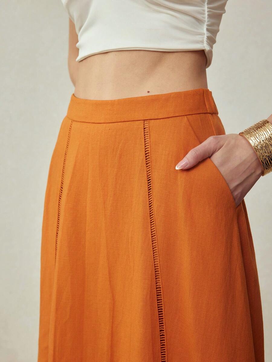 MOTF PREMIUM ELEGANT MINIMALIST LINEN A-LINE LONG SKIRT, SPRING/SUMMER - Orange - View 2