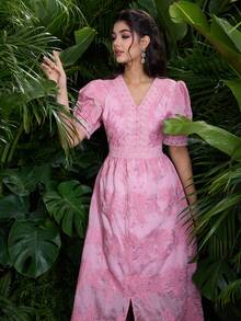 Modelyn V-Neck Embroidered Petal Sleeve Pink Dress - Pink - View 5