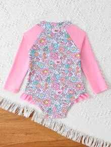 SHEIN Toddler Girl Swimsuit, Island & Palm Tree Print Long Sleeve Zipper One-Piece Swimwear, Cute Ruffle Raglan Sleeve Sun Protection Swimsuit - Multicolor - View 2