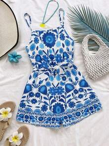 SHEIN 女童碎花无袖连体裤，下摆饰有碎花边，清新甜美。流畅的线条勾勒出活泼的身形，适合夏季郊游、家庭聚会及其他休闲场合。 - 彩色 - 查看 8