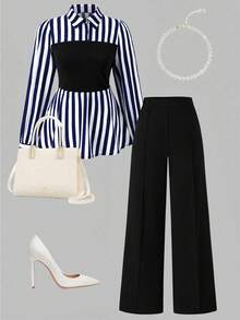 SHEIN Clasi 大码优雅通勤印花长袖衬衫和纯色长裤两件套 - 寶藍色 - 查看 7