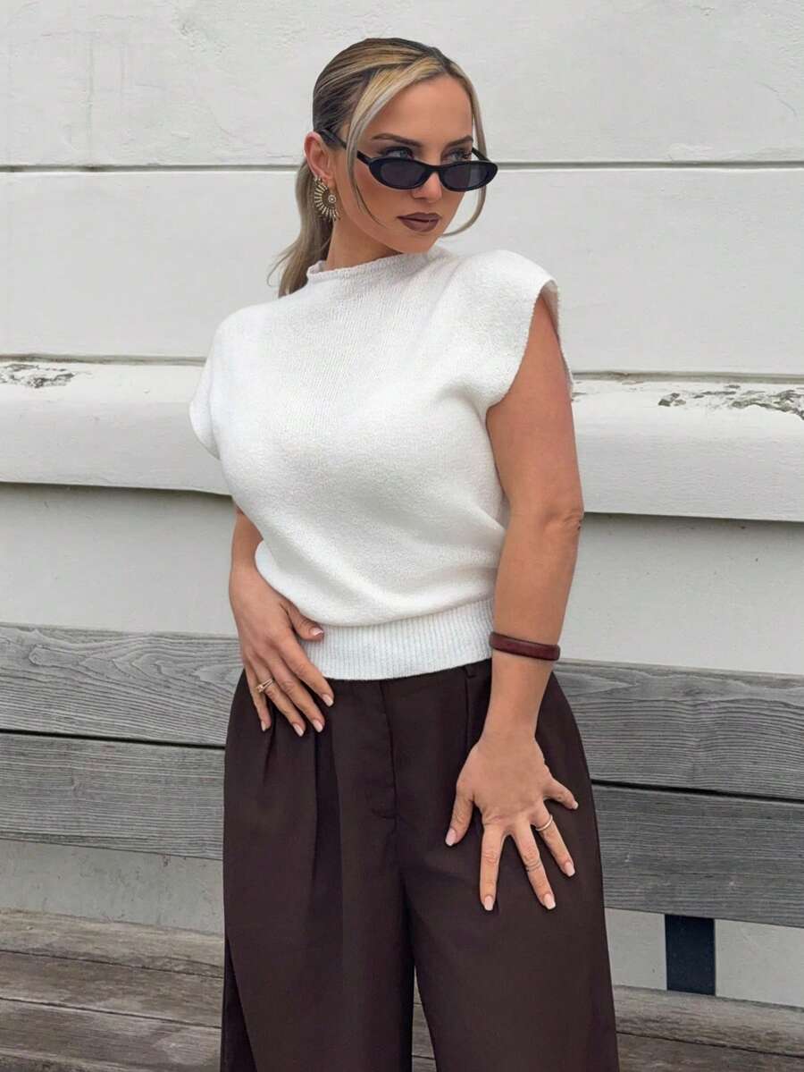 Jeta Ari Elegant High Neck Loose Casual Versatile Sleeveless Knit Sweater Vest Going Out Tops Women,Tops For School In Fall/Winter - White - View 1