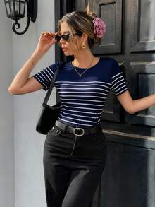 Pariaura Striped Print Backless Bow Decor Women T-Shirt - Blue - View 6